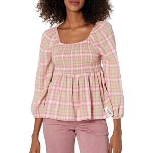 TOMMY JEANS Womens Peplum Top Medium Pink Rosebud Plaid Scoop Neck NWT